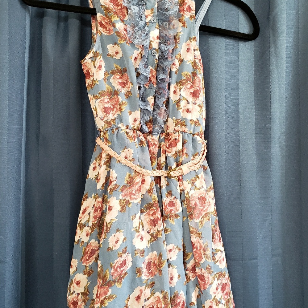 Girls Sleeveless Blue Floral Dress